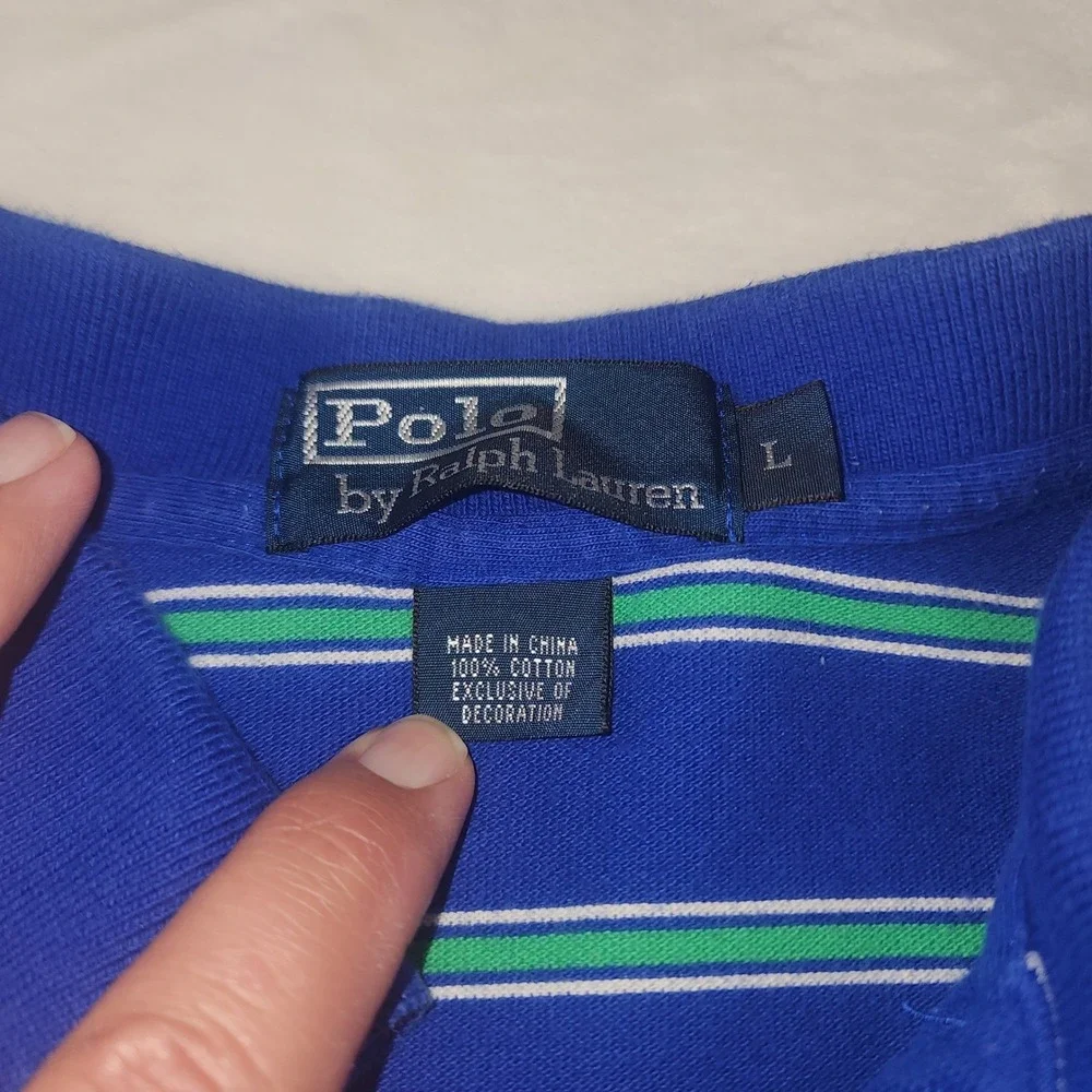 Polo Ralph Lauren Mens Large Blue Green Striped‎ Short Sleeve Cotton Polo Shirt